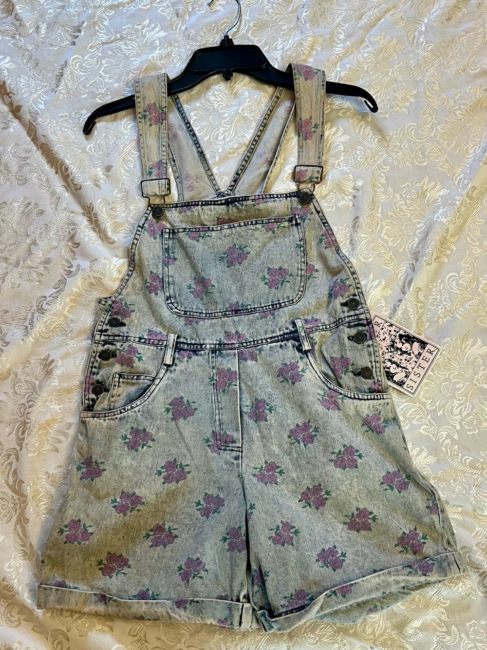 VTG 90s Sister Sister Floral Acid Wash Denim Overalls Shortalls NWT Girls 14 XS